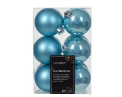 * 12 Palline Di Natale D.6Cm Colore Azzurro Lucido/Opaco