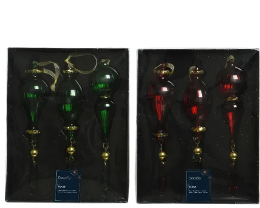* Confezione 3 Ciondioli Natalizi In Vetro H.23Cm Rosso/Verde Assortiti