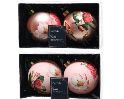 * Confezione 2 Palline Di Natale D8Cm Rosa Con Disegni Floreali Modello Assortito