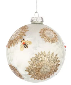 * Pallina Di Natale Bianca Con Decorazione Api E Fiori Honeybee O10Cm