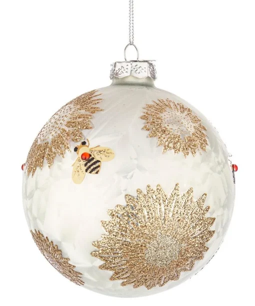 * Pallina Di Natale Bianca Con Decorazione Api E Fiori Honeybee O10Cm