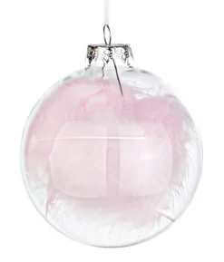 * Pallina In Vetro Con Piuma Rosa O10Cm