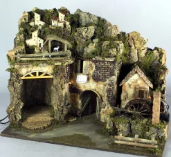 * Presepe 60X34X44 Cm Con Luci E Mulino Ad Acqua Con Pompa