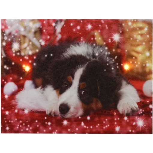 * Quadro Natalizio Con Cagnolino 20X15X2.5Cm Con Microled Bianco Caldo