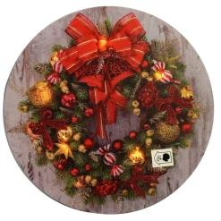 * Quadro Natalizio Tondo Con Ghirlanda Fiocco Rosso 30X30X1.8Cm Con Microled Bianco Caldo